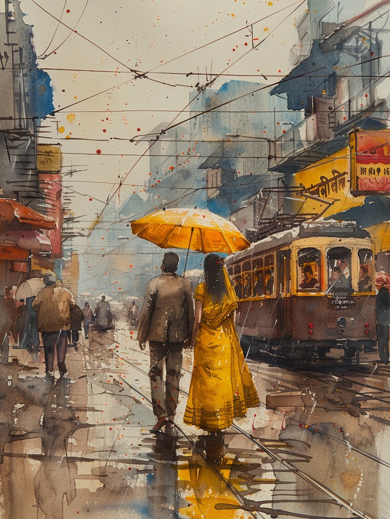 Watercolor painting — couple on a rainy city street with a yellow umbrella and vintage tram